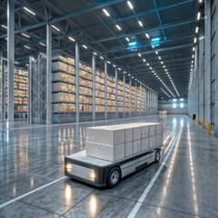 Automated warehouse logistics. An autonomous guided vehicle transports goods in a modern warehouse. A concept for automated logistics, smart factory, and distribution.