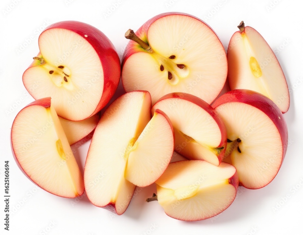 Poster a stack of sliced apples arranged on a white surface