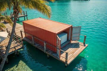 Remote power supply. A battery energy storage system inside a red shipping container on a wooden pier provides off-grid power in a tropical ocean location.