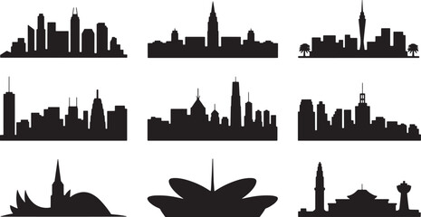 Obraz premium Cosmopolitan Cityscape Silhouette Collection A Set of Urban Skyline Illustrations with Landmarks