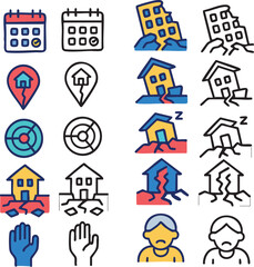 Fototapeta premium A set of icons illustrating earthquake themes, including seismic activity, damaged buildings, and human response, shown in both color and outline styles.