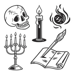 Halloween icon set skull candle melting candle