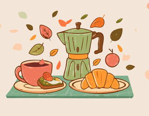Cozy autumn breakfast with coffee, moka pot, croissant, egg toast, apples, and fall leaves. Warm seasonal style perfect for cafe ads, autumn menus, or lifestyle illustrations