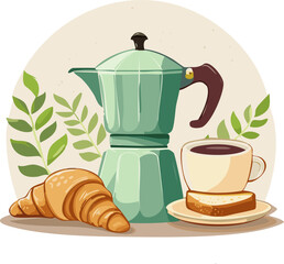 Stylish breakfast setup with moka pot, pink coffee cup, croissant, toast, and cheese. Clean vector art ideal for cafe branding, food packaging, or morning-themed products