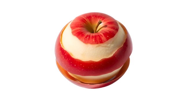 Displays a Fresh Red Apple with Partially Peeled Skin on a Transparent Background, Isolated