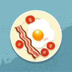 Tasty breakfast with fried egg, crispy bacon, and sliced tomatoes on a round plate. Flat vector style perfect for food packaging, restaurant menus, and cooking-themed designs
