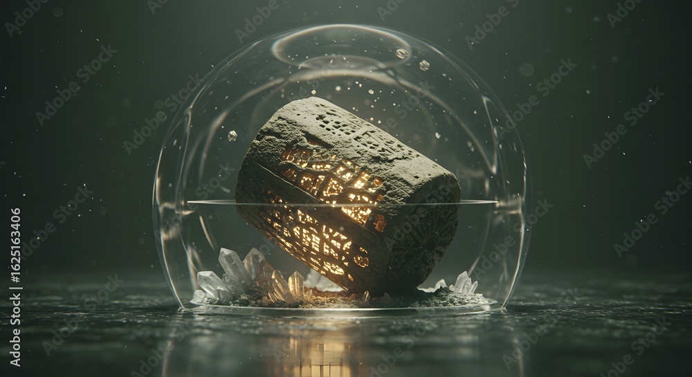 Poster enigmatic cork in a sphere: the captivating image features a cork illuminated from within, encased i