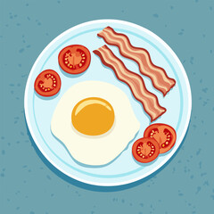 Tasty breakfast with fried egg, crispy bacon, and sliced tomatoes on a round plate. Flat vector style perfect for food packaging, restaurant menus, and cooking-themed designs