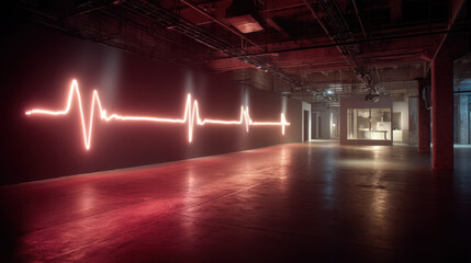 Modern Neon Heartbeat Art Display in Dark Industrial Setting, Vibrant Red Pulse Line for Healthcare, Technology, and Innovation Themes