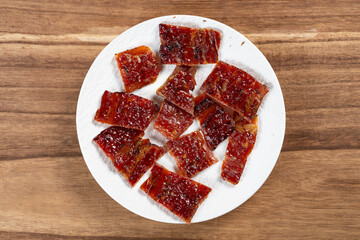 top view dish of pork jerky