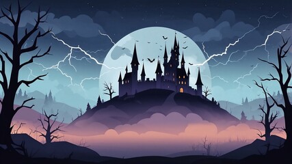 Illustration of distant Halloween castle with witch flying in moonlit sky surrounded by eerie landscape and spooky atmosphere perfect for seasonal design and magical fantasy themes