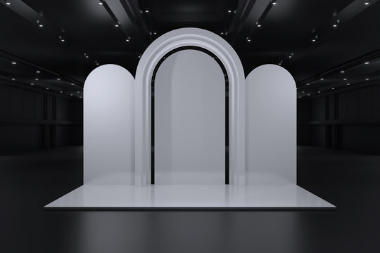 Empty Backdrop Design for mockup and Corporate identity,booth,Decoration,Display.Platform elements in convention hall.Blank scene classic for Graphic Resources.3d Background for online.3d render.