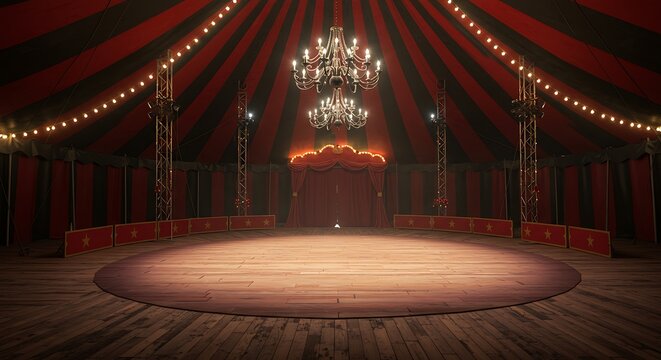A vintage circus tent with a chandelier, ready for a spectacular show