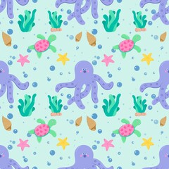 Adorable Octopus and Marine Life Seamless Pattern on Light Blue Background