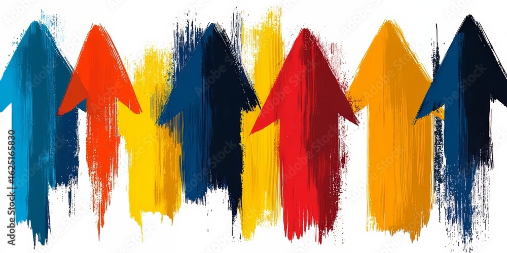 Poster row of colorful arrows pointing upwards. the arrows are in different colors and sizes, and they are 