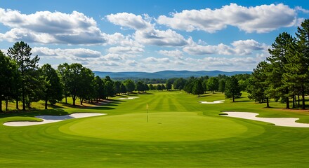 Obraz premium Scenic golf course landscape with green fairway and blue sky on a sunny day