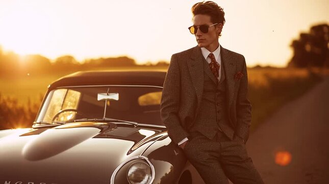 Cinematic fashion shot of a man in a tailored tweed suit and sunglasses leaning against a vintage Jaguar E-Type in the English countryside, bathed in warm golden-hour light and classic elegance.