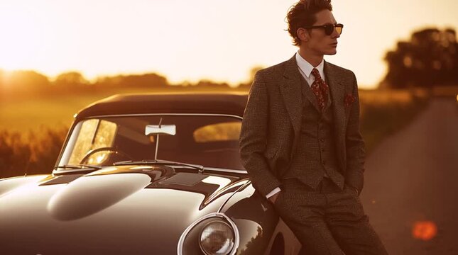 Cinematic fashion shot of a man in a tailored tweed suit and sunglasses leaning against a vintage Jaguar E-Type in the English countryside, bathed in warm golden-hour light and classic elegance.