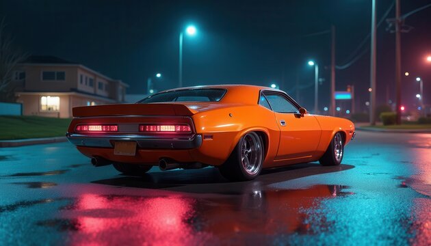 Fototapeta Vintage muscle car on the night street with neon light. 80s styled synthwave retro scene with powerful drive in evening