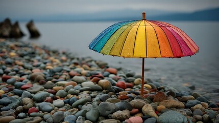 Vibrant rainbow umbrella stands proudly on a pebble beach beside the serene ocean