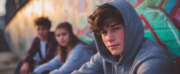 The group of teenagers posing together against a colorful graffiti backdrop.