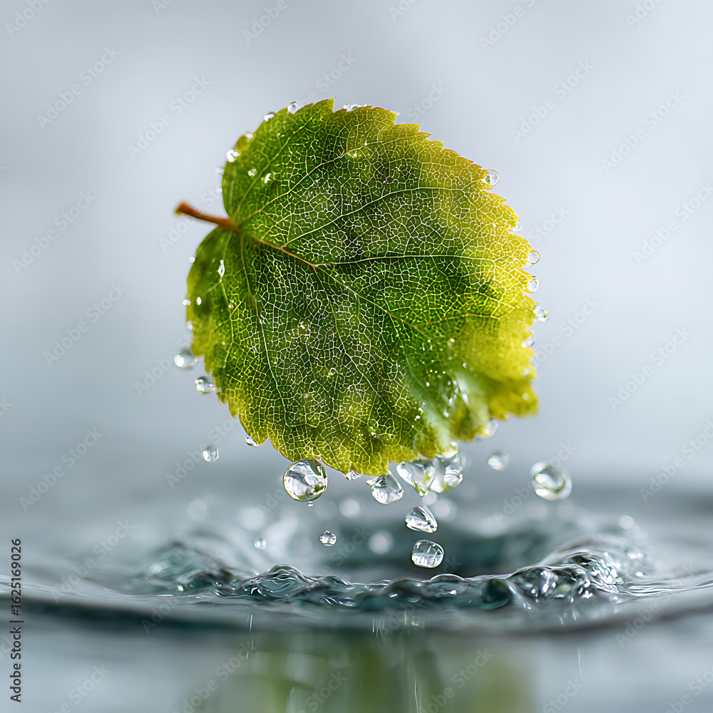 Poster a single green leaf with water droplets falling into clear water creating ripples and splashes in a 