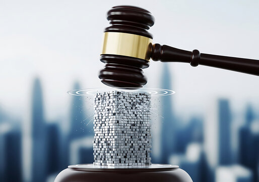 Judge s gavel striking a block of digital data in front of a cityscape