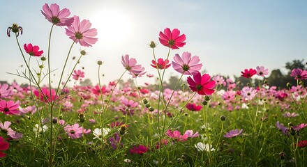 Naklejka premium A vibrant cosmos field under the bright sun on a beautiful summer day