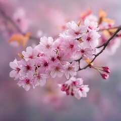 Delicate pink cherry blossoms bloom on a branch in soft focus spring photography