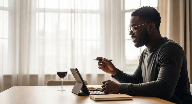 Man working remotely on laptop with a glass of wine and notebook - Powered by Adobe