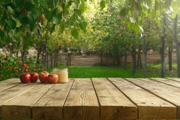 Empty wooden table top with blurred garden background for product display presentation or montage. Blurred idilic village, apple trees and nature.