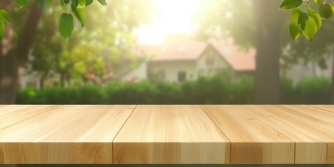 Empty wooden table top with blurred garden background for product display presentation or montage. Blurred idilic village, trees and nature.