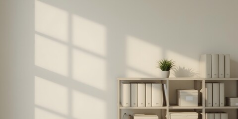 clean business supply wall background, minimal shelves with neutral-colored office binders, storage boxes, a small potted plant
