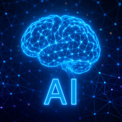 AI-generated image depicting a glowing neural network shaped like a brain, symbolizing artificial intelligence and digital connectivity.