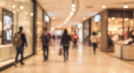 Blurred view of shoppers walking in a busy shopping mall with storefronts and lights