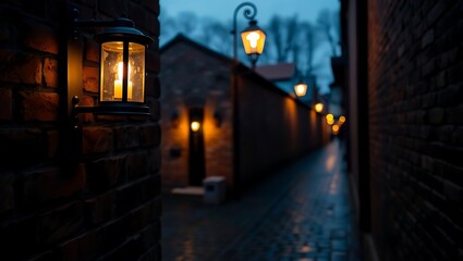 Fototapeta premium Night street scene with vintage lanterns casting a warm glow on brick