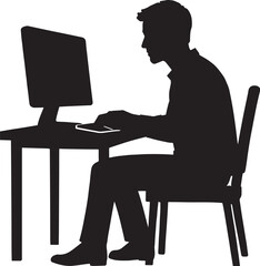 Software Developer Working at CoSoftware Engineer at Work in High-Tech Workspace computer Desk ,Black and White Silhouette 