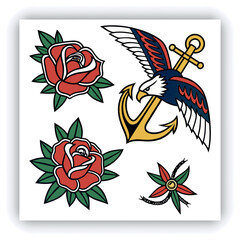 The image you’ve uploaded is a vibrant collection of vintage tattoo flash designs, featuring traditional American tattoo motifs such as roses, hearts, daggers, wings, keys, and banners with words like