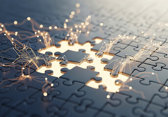 Illuminated puzzle pieces coming together with sparks of innovation