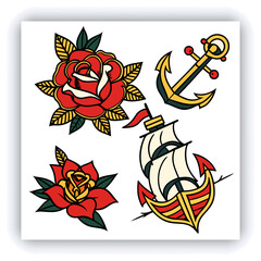 The image you’ve uploaded is a vibrant collection of vintage tattoo flash designs, featuring traditional American tattoo motifs such as roses, hearts, daggers, wings, keys, and banners with words like