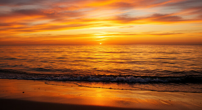 Vibrant orange sunset over the ocean with gentle waves on a sandy beach