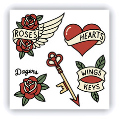The image you’ve uploaded is a vibrant collection of vintage tattoo flash designs, featuring traditional American tattoo motifs such as roses, hearts, daggers, wings, keys, and banners with words like