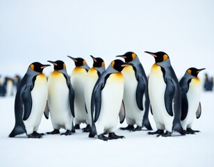 A group of penguins stand side by side, showcasing their social behavior and group dynamics