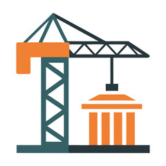 Flat design illustration of a construction crane lifting a building, symbolizing progress and development in the architectural industry, isolated on white background