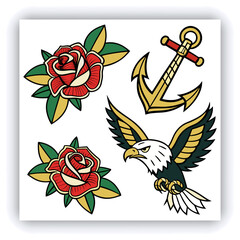 The image you’ve uploaded is a vibrant collection of vintage tattoo flash designs, featuring traditional American tattoo motifs such as roses, hearts, daggers, wings, keys, and banners with words like