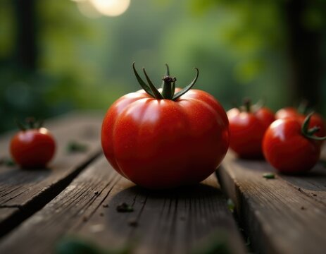 A group of tomatoes sit on a rustic wooden table, perfect for use in still life photography, cookbook illustrations or marketing materials