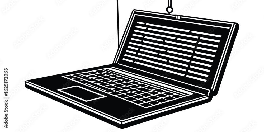 Aufkleber hanging laptop with text on the screen in clean black and white vector design suitable for various c
