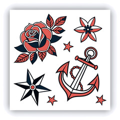 The image you’ve uploaded is a vibrant collection of vintage tattoo flash designs, featuring traditional American tattoo motifs such as roses, hearts, daggers, wings, keys, and banners with words like