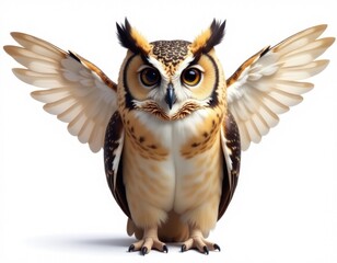 Obraz premium Close-up shot of an owl with its wings spread out on a white background, suitable for use in animal-related or nature-inspired projects