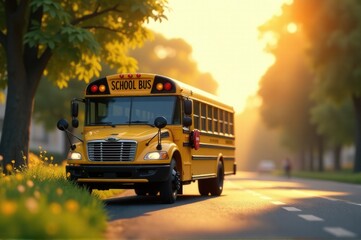 A yellow school bus is seen driving down a city street